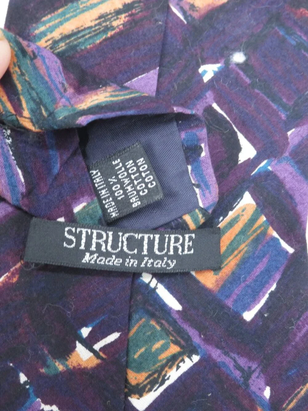 Structure Vintage Necktie Mens Purple Geometric Abstract Cotton Made In Italy OS